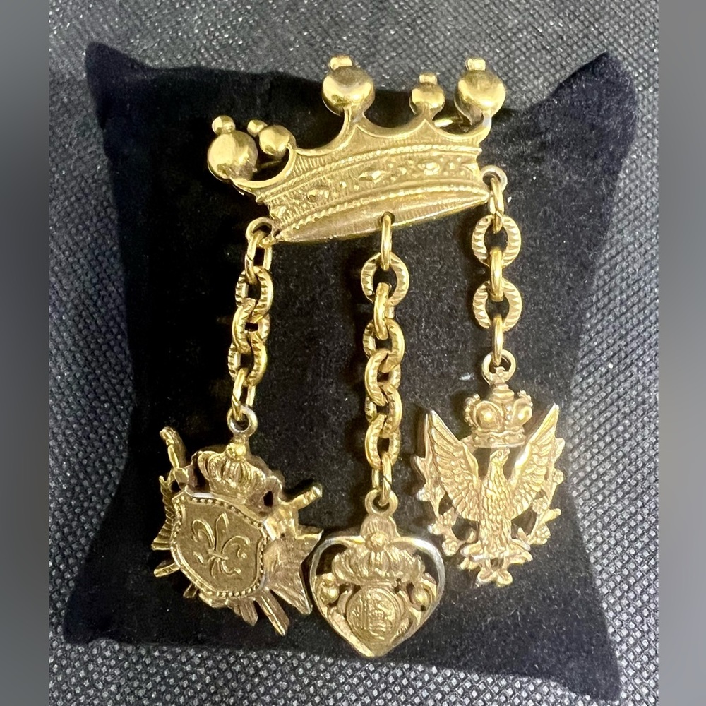 Vintage Crown Brooch, Fleur De Lis Jewelry, Crest Shield Coat Of Arms Brooch